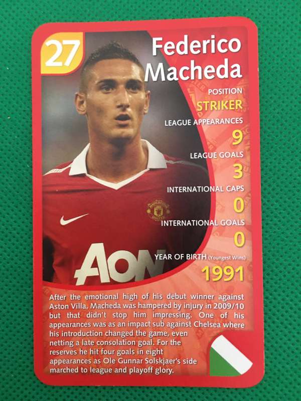 TOPS TRUMPS - TRADING SOCCER CARD - MANCHESTER UNITED - 2011 - NO. 27 - FEDERICO MACHEDA