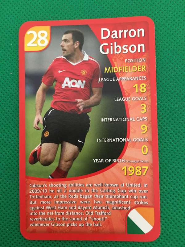 TOP TRUMPS - MANCHESTER UNITED - 2011 - NO. 28  -  DARRON GIBSON