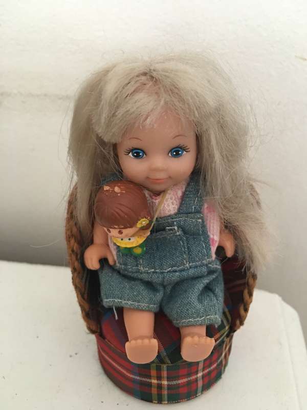 VINTAGE SMALL DOLL ON CHAIR WITH TINY DOLL - SIMBA