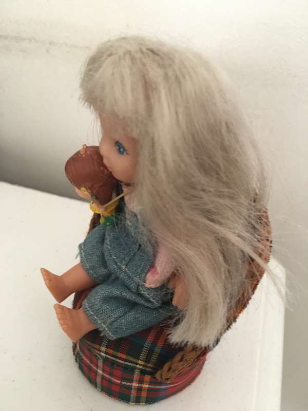 VINTAGE SMALL DOLL ON CHAIR WITH TINY DOLL - SIMBA