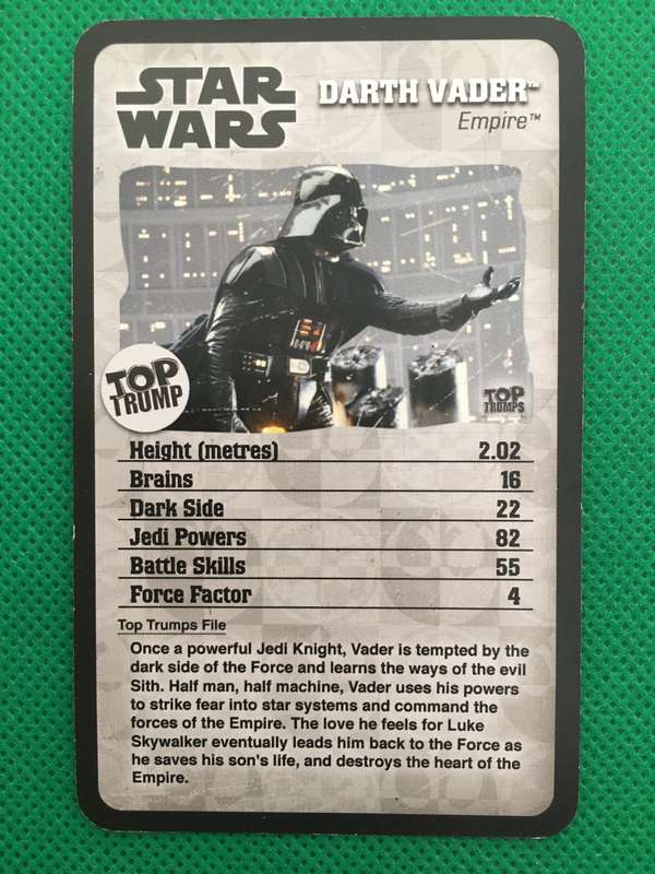 TOP TRUMPS EPISODE  - IV - VI - STAR WARS  TRADING CARD - DARTH VADER