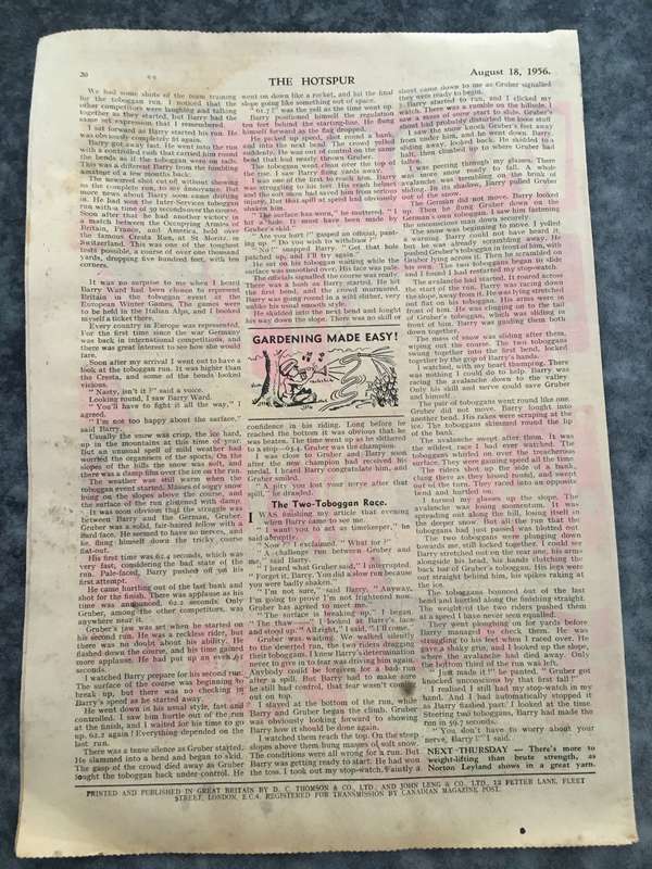 VINTAGE TO ANTIQUE - COMIC/ MAGAZINE - THE HOTSPUR - 1956