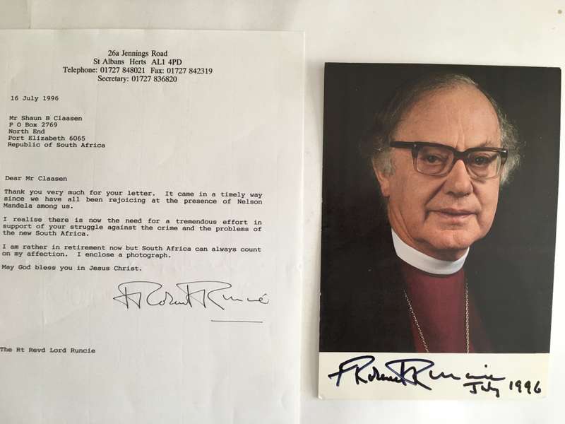 LOVELY SIGNED LETTER AND PHOTOGRAPH OF  HIS HOLINESS LORD RUNCIE WHO MARRIED PRINCESS DIANE
