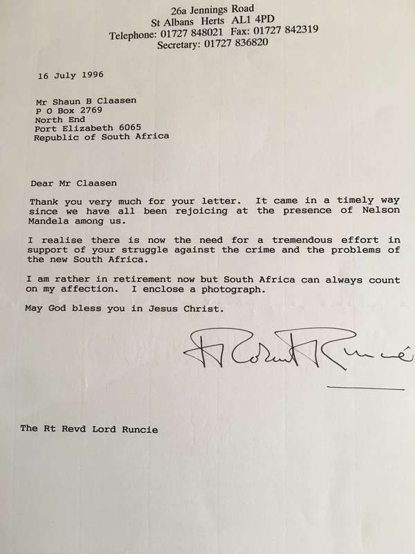 LOVELY SIGNED LETTER AND PHOTOGRAPH OF  HIS HOLINESS LORD RUNCIE WHO MARRIED PRINCESS DIANE
