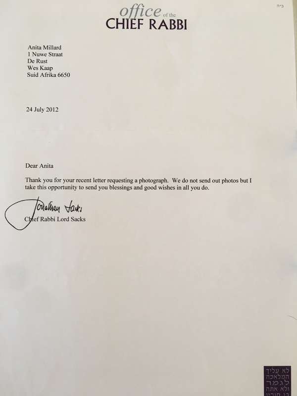PRINTED AUTOGRAPHED LETTER H H  CHIEF RABBI LORD SACKS