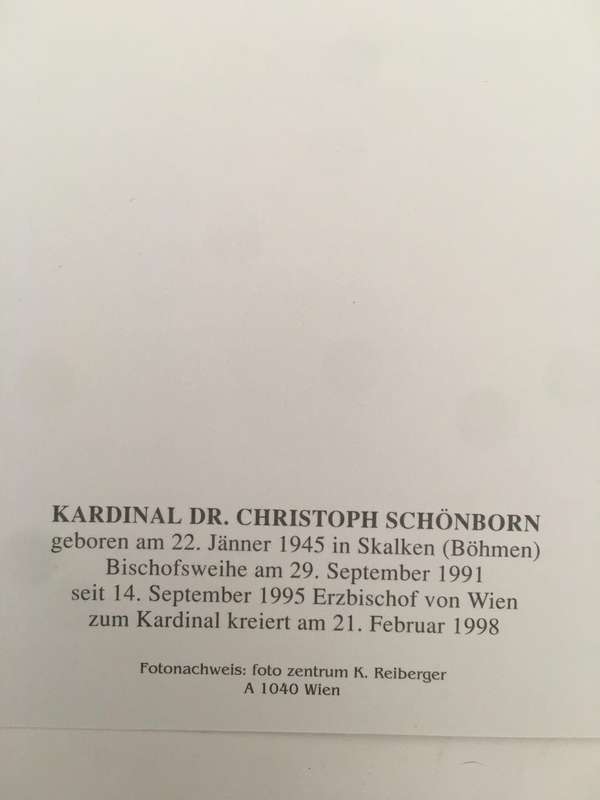 AUTOGRAPHED / SIGNED - HIS HOLINESS - CARDINAL DR. CHRISTOPH SCHONBORN AND PRAYER CARD