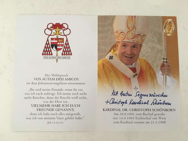 AUTOGRAPHED / SIGNED - HIS HOLINESS - CARDINAL DR. CHRISTOPH SCHONBORN AND PRAYER CARD