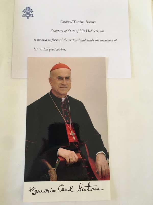 AUTOGRAPHED / SIGNED - CARDINAL TARCISIO BERTONE AND VATICAN CARD