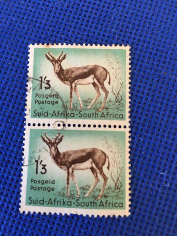 SOUTH AFRICA USED 1.3 SPRINGBOK PAIR OF POSTAGE STAMPS