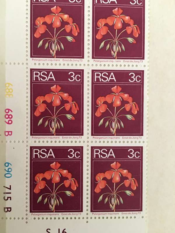 SOUTH AFRICA 3c FLOWER MINT BLOCK OF STAMPS
