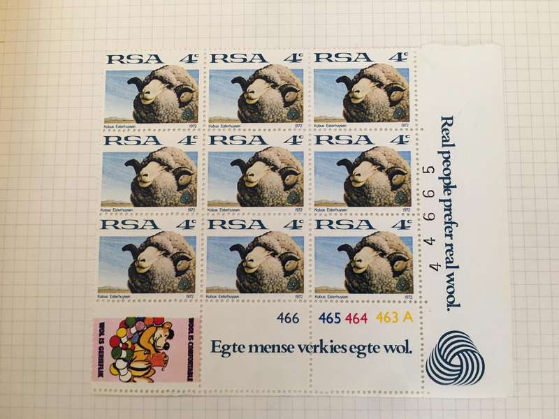 SOUTH AFRICA SHEEP AND WOOL 4c BLOCK OF UNUSED STAMPS