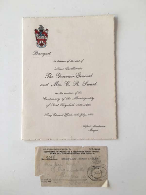 VINTAGE MENU BANQUET  - THE GOVERNOR GENERAL AND FPRMER PRESIDENT SWART AND RECEIPT  1960
