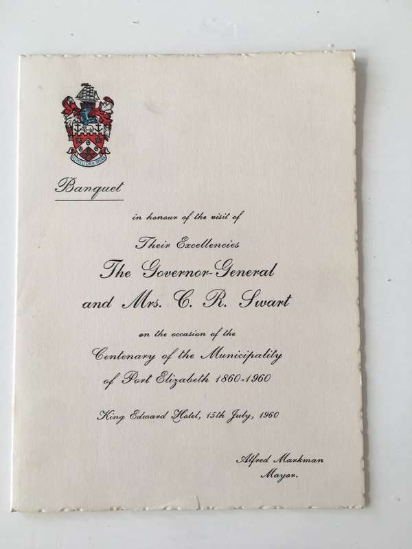 VINTAGE MENU BANQUET  - THE GOVERNOR GENERAL AND FPRMER PRESIDENT SWART AND RECEIPT  1960