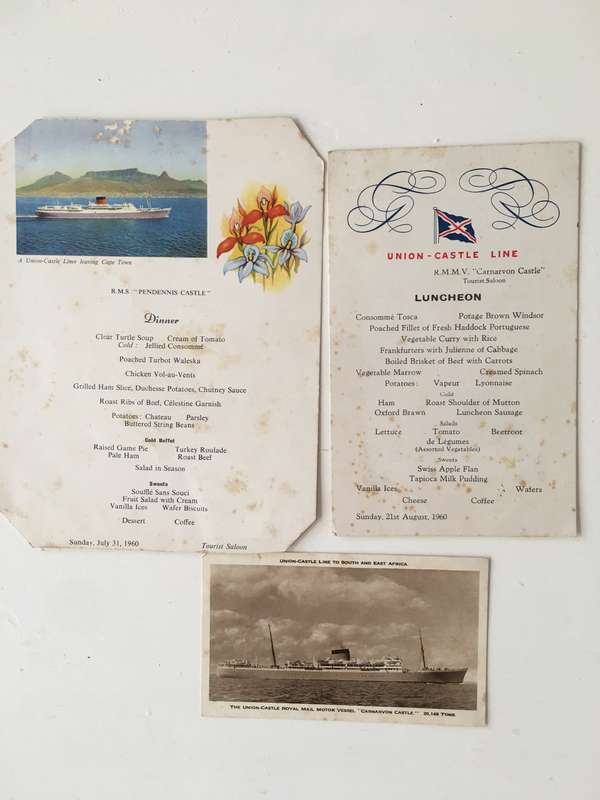 VINTAGE MENU UNION-CASTLE - CARNARVON CASTLE MENU AND POSTCARD X 3 ITEMS
