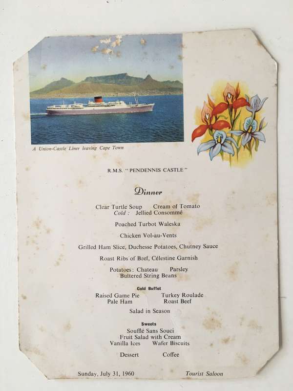 VINTAGE MENU UNION-CASTLE - CARNARVON CASTLE MENU AND POSTCARD X 3 ITEMS