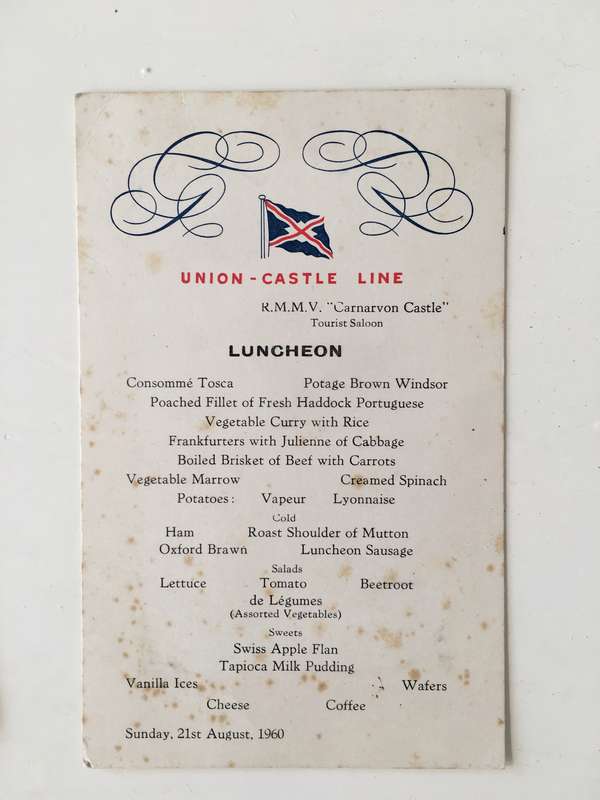 VINTAGE MENU UNION-CASTLE - CARNARVON CASTLE MENU AND POSTCARD X 3 ITEMS