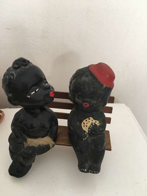 VINTAGE AFRICAN CHILDREN FIGURES ON BENCH  ONE REPAIRD