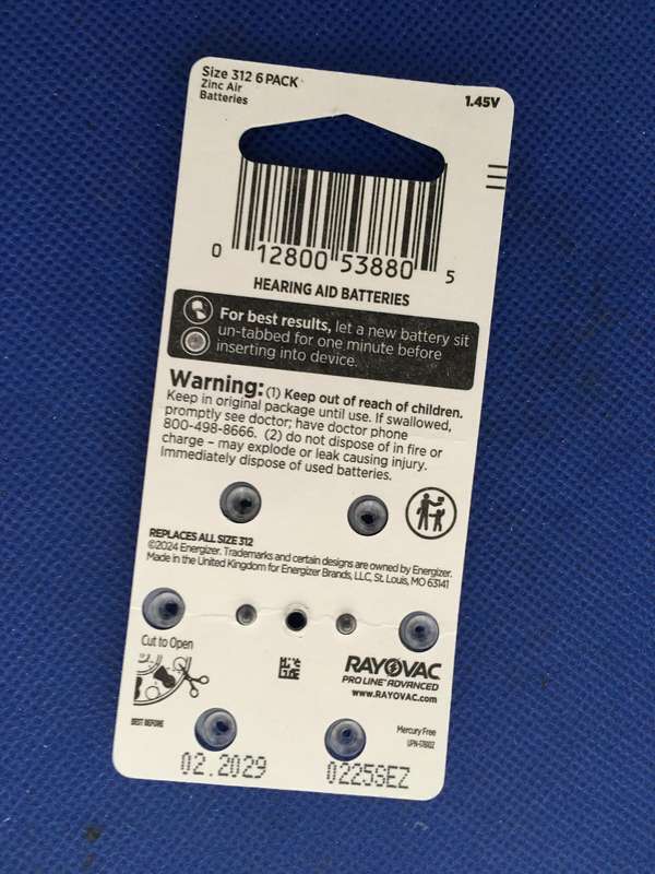 HEARING AID BATTERIES  - RAYOVAC PRO LINE ADVANCED - SIZE 312  - 6 PACK