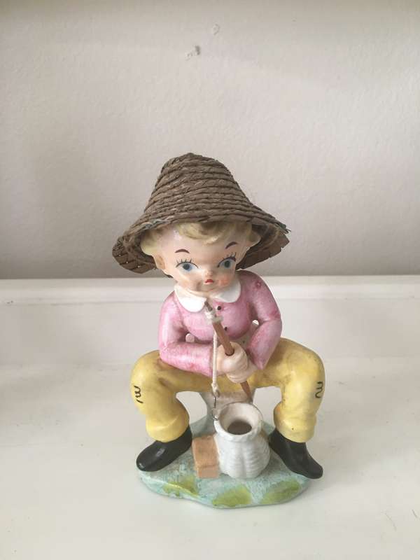 VINTAGE CAPRI SMALL BOY FISHING CERAMIC FIGURE - HAND PAINTED