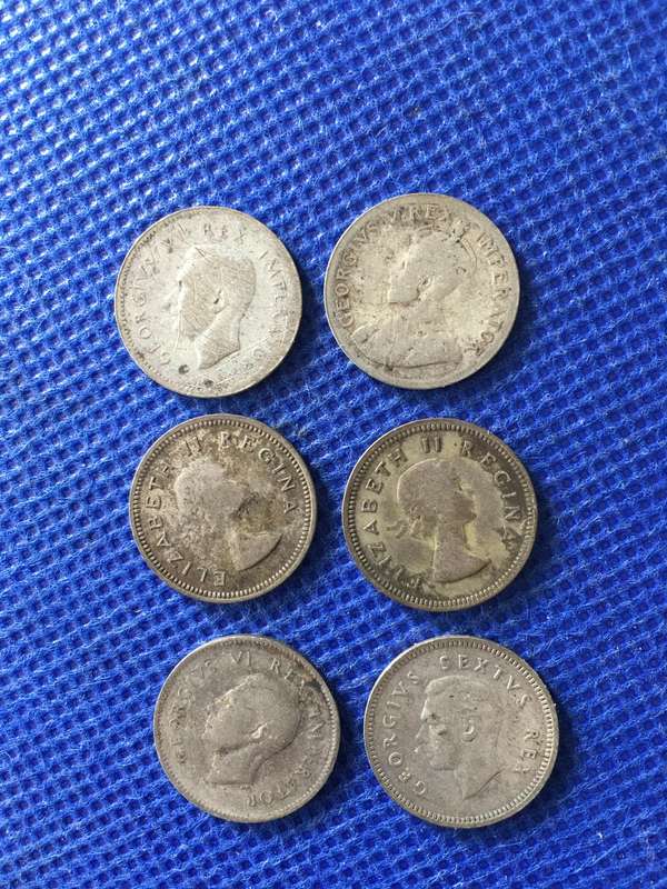 SOUTH AFRICA LOT OF 6 3 PENCE COINS - 1941 / 1949/ 1927 /1944/1956/1954