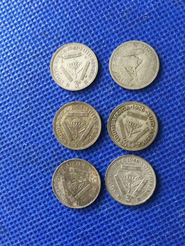 SOUTH AFRICA LOT OF 6 3 PENCE COINS - 1941 / 1949/ 1927 /1944/1956/1954