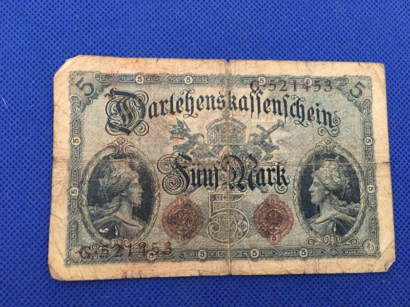 REICH BANK NOTE 5 1914 WWII - SERIAL NUMBER - G . 52 1453