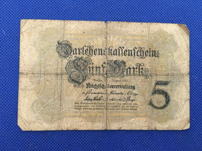 REICH BANK NOTE 5 1914 WWII - SERIAL NUMBER - G . 52 1453