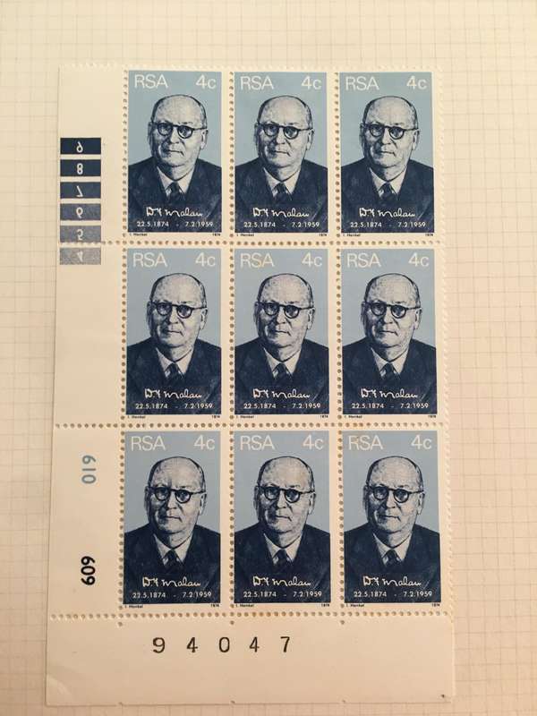 SOUTH AFRICA  4c BLOCK OF UNUSED DF MALAN STAMPS