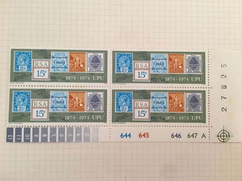SOUTH AFRICA UPU 1974  15c BLOCK OF UNUSED STAMPS