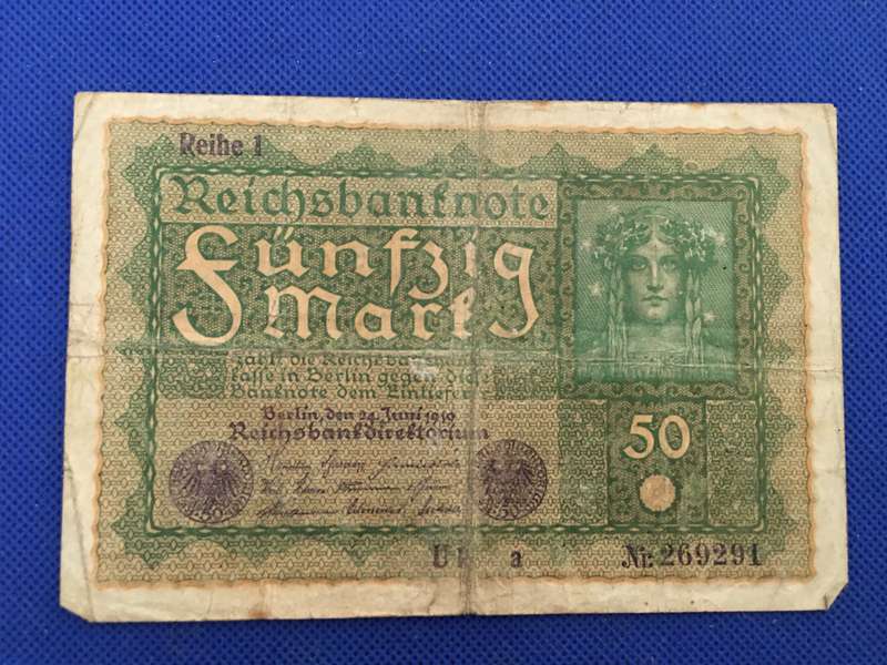 GERMANY REICH BANK NOTE  50 MARK- 1919 - SERIAL NUMBER - NR 269291