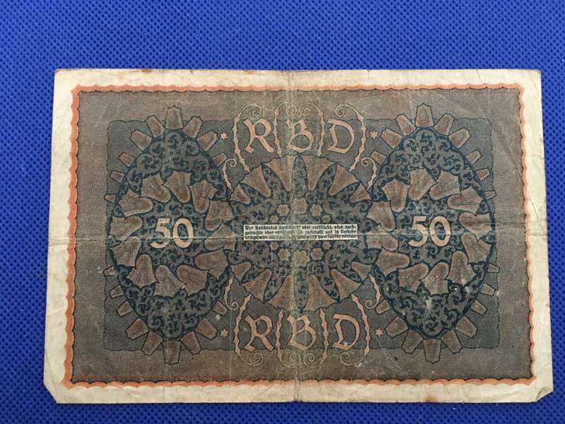 GERMANY REICH BANK NOTE  50 MARK- 1919 - SERIAL NUMBER - NR 269291