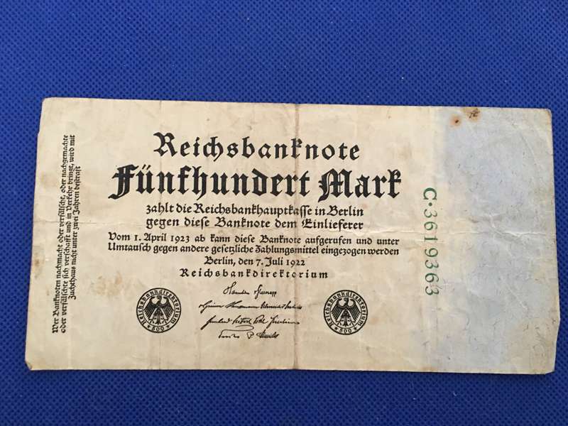GERMANY REICH NOTE FUNFHUNDERT MARK -1922 - SERIAL NUMBER C. 3619363