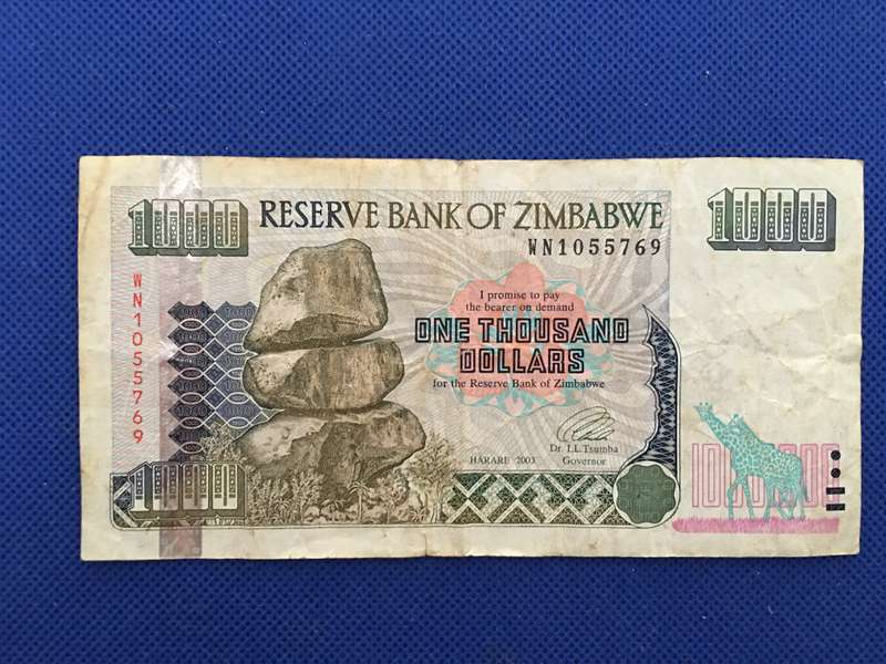 ZIMBABWE ONE THOUSAND DOLLARS BANK NOTE - 2003 - SERIAL NUMBER - WN1055769