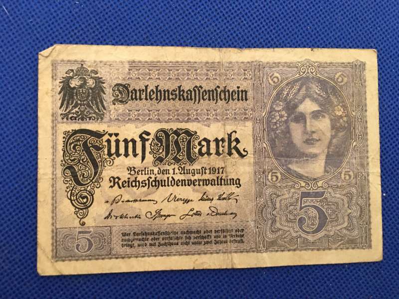 GERMANY FUNF MARK BANK NOTE 5 - 1917