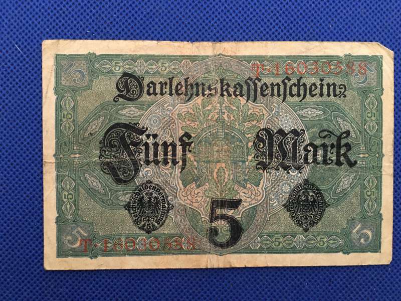 GERMANY FUNF MARK BANK NOTE 5 - 1917