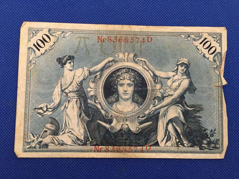 GERMANY ANTIQUE BANK NOTE 100 MARK - 1908 - RED SERIAL NUMBER - NR 8368574 D