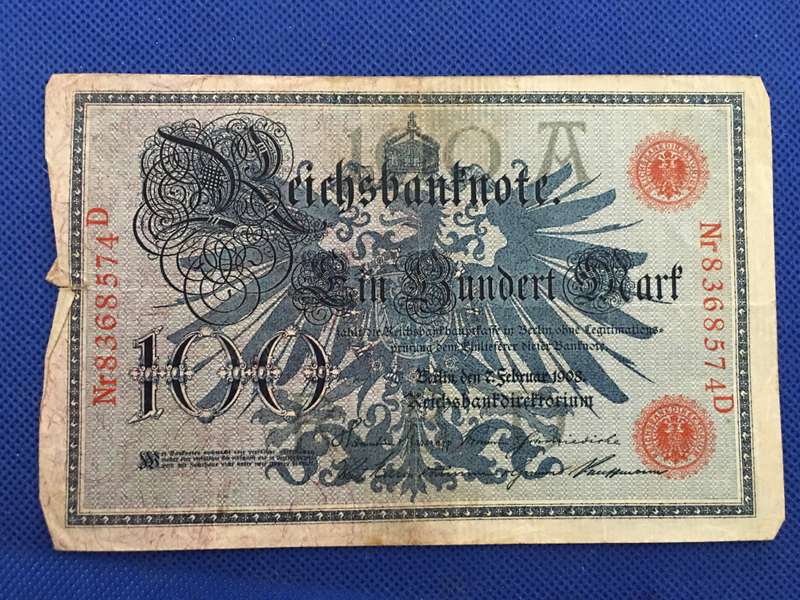 GERMANY ANTIQUE BANK NOTE 100 MARK - 1908 - RED SERIAL NUMBER - NR 8368574 D