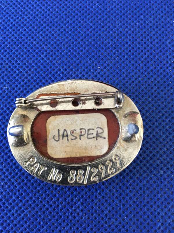 VINTAGE JASPER BROOCH WITH PATENT NUMBER