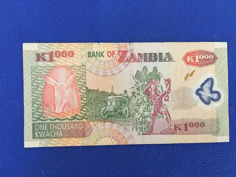 ZAMBIA  - ONE THOUSAND KWACHA BANK NOTE  - 2008  - SERIAL NUMBER - EK 03 46 466204