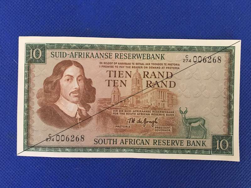 SOUTH AFRICA TEN RAND BANK NOTE  - TW DE JONGH - SERIAL NUMBER - C 274 006268