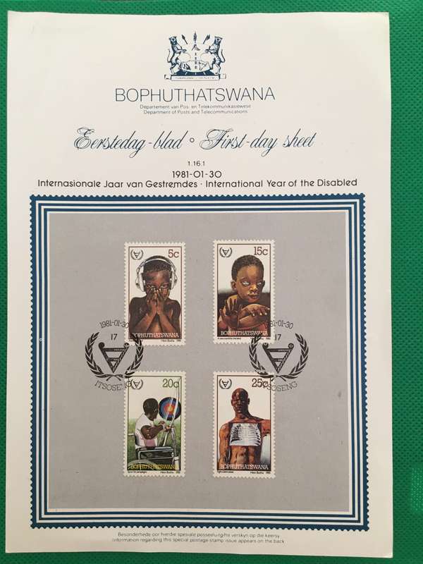 BOPHUTHATSWANA FIRST DAY SHEET - 1981 - YEAR OF THE DISABLED