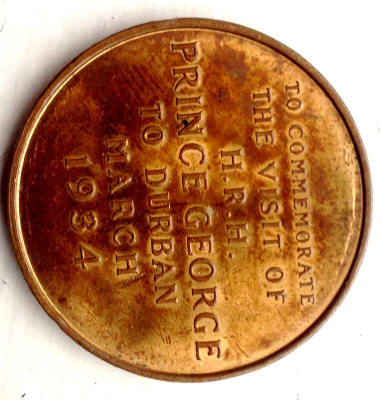 1934 Prince George visit to Durban Commemorative Medallion Top Condition