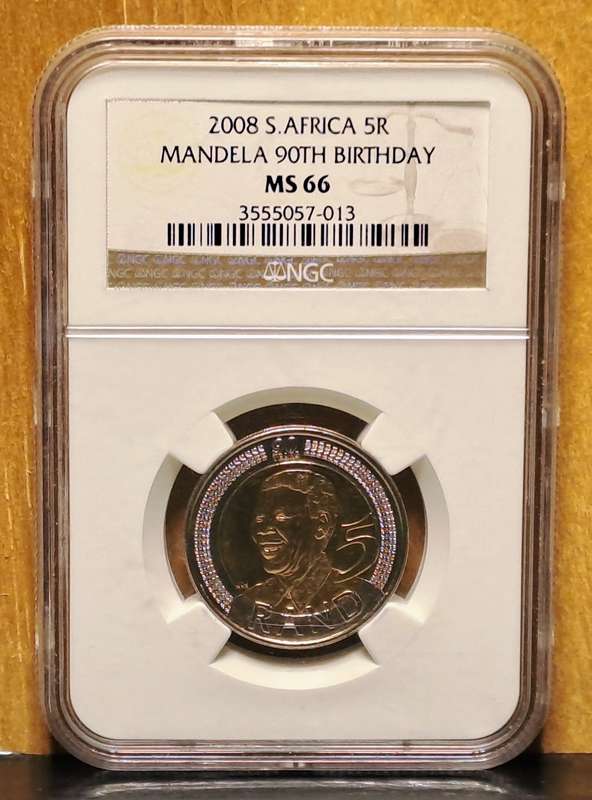2008 South African 5R Mandela 90th Birthday coin (NGC MS66)
