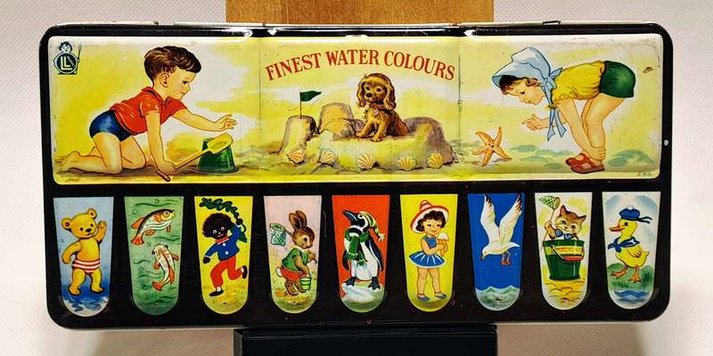 Vintage LL Product Finest Water Colours Tin (Made in England) 45 Colors, Beach Scene, Used, No Brush