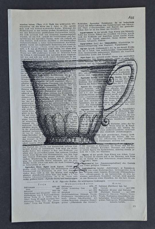 Fineliner Object Art Print on Vintage Dictionary Page (p15 - Teacup) (240mm x 160mm)