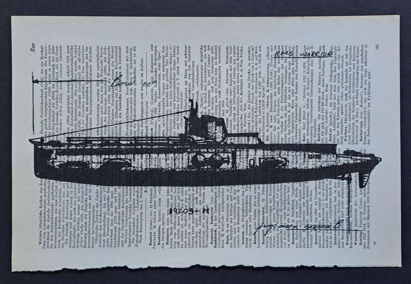 Fineliner Object Art Print on Vintage Dictionary Page (p99 - HMS Warrior Submarine) (240mm x 160mm)