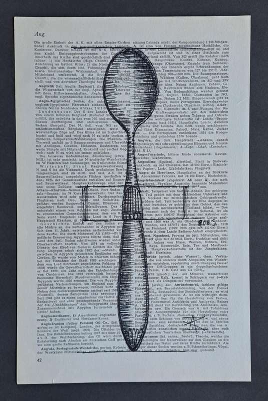Fineliner Object Art Print on Vintage Dictionary Page (p42 - Teaspoon) (240mm x 160mm)