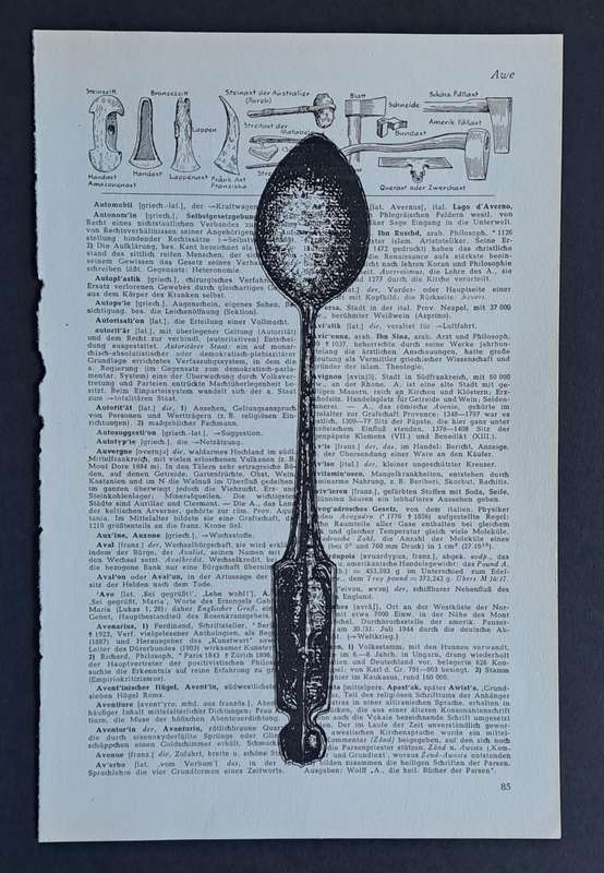 Fineliner Object Art Print on Vintage Dictionary Page (p85 - Teaspoon) (240mm x 160mm)