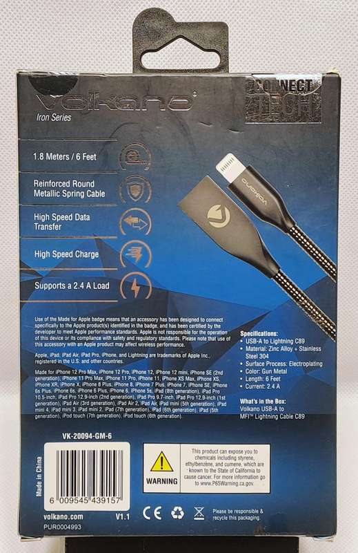 Volkano Iron Series 1.8m / 6ft USB-A to MFI Lightning Cable (Grey)