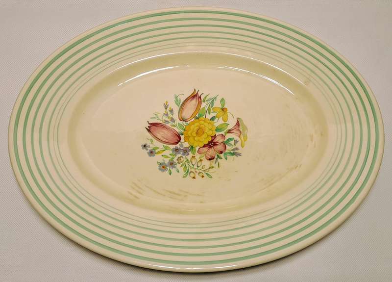 Susie Cooper Crown Works Porcelain Sage Green Dresden Spray Oval Serving Platter (405x315mm)
